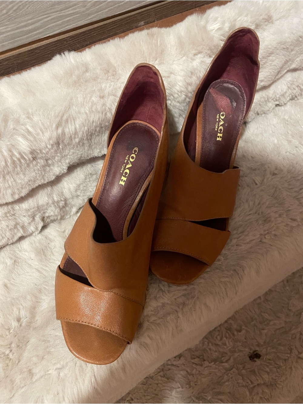 Coach Tan Leather Open-Toe Wedge Sandals with Maroon Insole